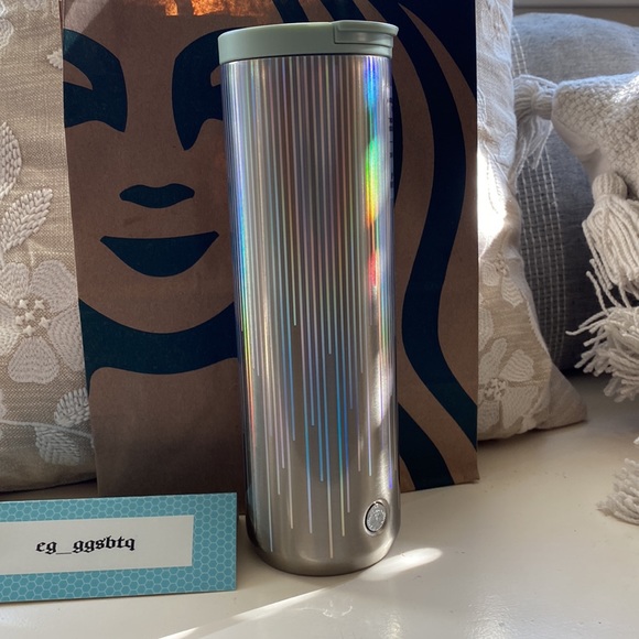 Iridescent Holographic stripes Stainless Steel Insulated Silver Mint Blue Top - Picture 4 of 10